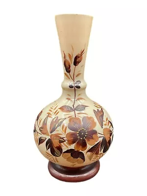 Antique Victorian Tan Opaline Bristol Glass Vase Brown & Tan Floral Gold Accent • $38