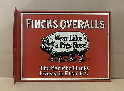 Vintage 1940’s Finck’s Overalls Blue Jeans Metal Flange Sign Pig Gas Oil • $1500