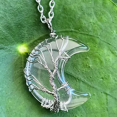 Tree Of Life Quartz Moon Pendant 20  Necklace Crescent Wire Wrapped Jewellery • £6.49