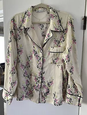 Zara Printed Piped Satin Shirt Button Up Floral Pajama Blouse Women's Size XXL • $22