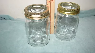 Vintage Mason Magic Button Clear Glass Canning Pint Jar W/ New Rings Set Of 2 • $11