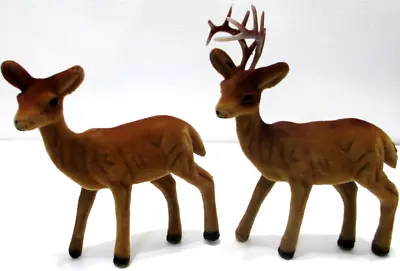 Vintage Christmas Deer Figurines PAIR Brown Flocked Plastic 6 1/2  T 5 1/4  T • $27.89