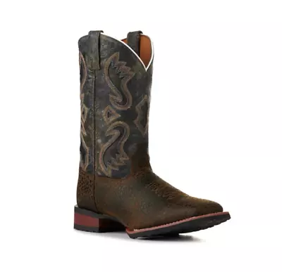 Men's Dark Brown Leather Denim Blue Square Toe Cowboy Boots-5 Day Delivery • $101