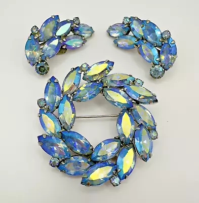 Vintage Weiss Blue Aurora Borealis Marquise Rhinestone Brooch & Earrings Set 3pc • $19.99