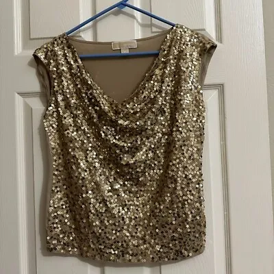 Michael Kors Women's Gold Sequin Cowl Neck Blouse Top Sz M Medium Party Shirt • $26.99