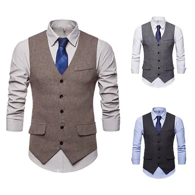 Mens Herringbone Tweed Lapel Wool Waistcoat V-Neck Vest Vintage Suit New • £16.38