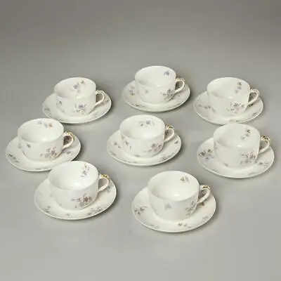 Haviland Limoges Purple Flower Porcelain Teacups With Saucers Vintage Set Of 8 • £95.02