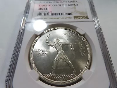 E10 Egypt AH-1375||1956 Silver 50 Piastres Evacuation Of The British NGC MS-64 • $51