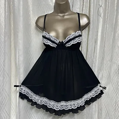 VTG XL 1X + Teddy White Black Nightgown Nylon Lace Sexy Negligee Pleated Bows • $49.99