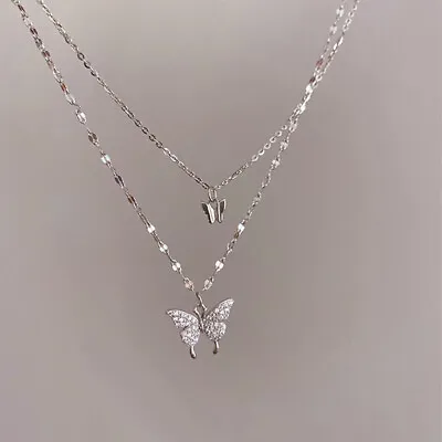 Shiny Butterfly Necklace Ladies Exquisite Double Layer Clavicle Chain Necklace • $11.99