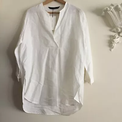 Zara Woman White Linen Mix Shirt Tunic Top Size L New • $16.15