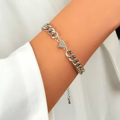 Friendship Thick Silver Cuban Link Chain Heart Charm Everyday Bracelet For Women • $1.99