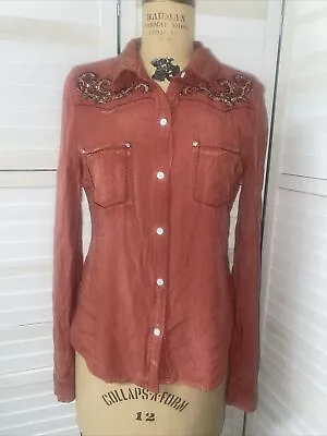 Miss Me Women's Button Down Orange Long Sleeve Shirt Bling Western Size Medium • $20