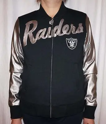 Oakland Raiders G-III Womens Fleece Jacket With Metallic Faux Leather Sleeves • $36