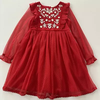 Mini Boden Girls 9-10 Red Embroidered Tulle Dress • $48