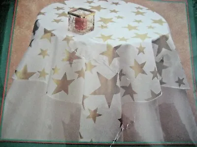 NEW Metallic Gold Star WHITE  Cotton TABLE TOPPER Tablecloth Holiday 35  SQ A • $18.95