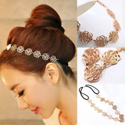 1 Pc Metal Chain Jewelry Hollow Rose Flower Elastic Hair Band Headband For Women • £2.88