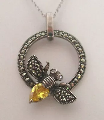 Vintage Sterling Silver Marcasite/Citrine Honeybee Pendant Necklace 925 • $17.50
