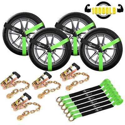 Premium Green Lasso Car Wheel Tie Down Ratchet Straps With Chain Anchors 4 Pack • $84.90