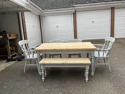 Solid Pine 5ft Farmhouse Table And 4 Matching Chairs And 1 Bench • £545