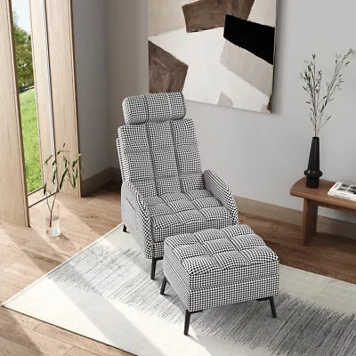 Houndstooth Fabric Armchair Tartan Checked Chair Recliner Sleeper Sofa W/Stool • £219.95