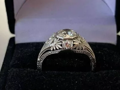 Vintage Art Deco Style Round Diamond Filigree Engagement Wedding 925 Silver Ring • $97.30