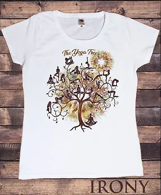 Women's Cotton T-Shirt Yoga Poses - Yoga Tree Print Short Sleeve Tee TS1562 • £12.99