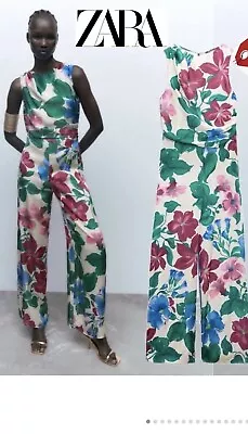 Zara Jumpsuit Women S Elegant Floral Print Tropical Multicolor Satin Effect NWT • $44.99