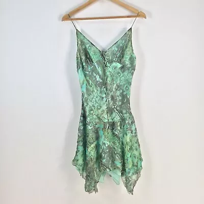 Wish Womens Slip Dress Size 8 Fit Flare Green Geometric Sleeveless Silk 081306 • $16.16