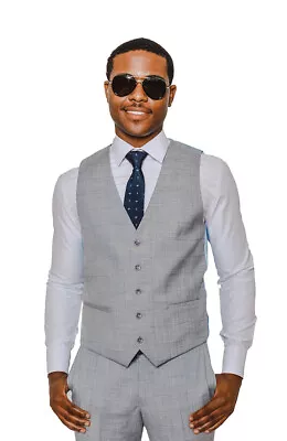 ÃZARMAN Men's SILVER Slim Fit Dress Vest V Neck Collar 5 Buttons Windowpane16308 • $29.95