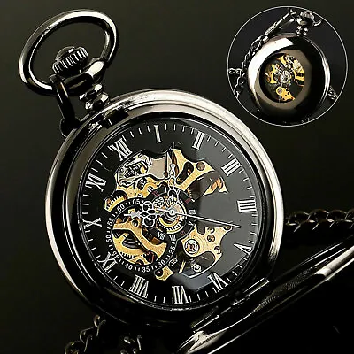 Luxury Classic Mens Pocket Watch Mechanical Black Steampunk Skeleton Retro Chain • $19.98