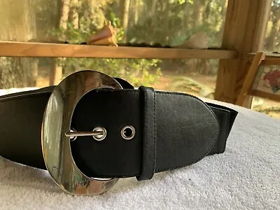 Via Spiga Belt Wide Leather Trim Stretch Black SZ M/L Chunky Silver Oval Buckle • $26.96