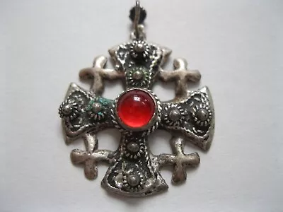 $89 • Buy Vtg Sterling Silver Jerusalem Maltese Crusader Cross Red Gemstone Pendant