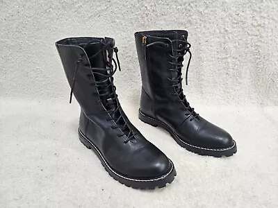 J Crew Gwen BA186 Boots Women 7.5 Black Leather Lace Up Mid Calf Combat Boots Fi • $45.50