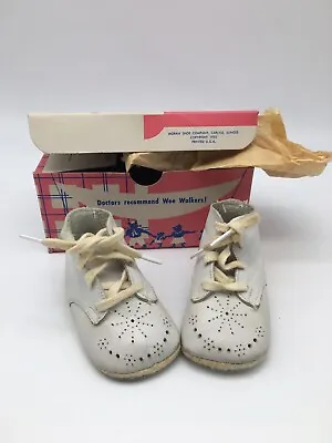 Vintage 1951 Wee Walkers White Leather Baby Shoes In Original Box Size 1 Chubby • $15