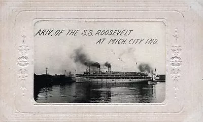 MICHIGAN CITY IN - Arrival Of The S.S. Roosevelt Real Photo Postcard Rppc - 1909 • $7.36