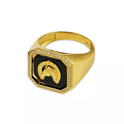 Horseshoe Ring Men Solid 14K Real Gold Square Oval Black Onyx Signet Ring Band • $734.40