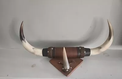 Vintage Bull Cow Steer Horns Wall Mounted Leather 20  Wide By 10   • $149.99