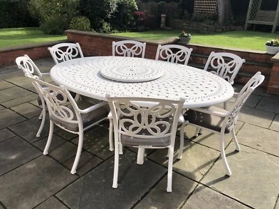 £645 • Buy Large Cast Aluminium Oval Garden Table And 8 Chairs, Cushions, White, Lazy Susan