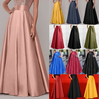 UK Womens Satin A Line Flare Swing Long Skirts Cocktail Party Prom Maxi Dress • £15.12