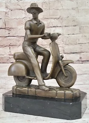 Handcrafted Asian Man Riding Moped Motorcycle Bronze Sculpture Art Deco Figurine • $199