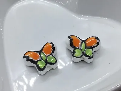 £1.65 • Buy 2 Ceramic Porcelain Green & Orange Hand Painted Butterfly Beads 16mm X 10mm 