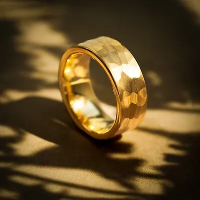 Hammered Gold Wedding Ring 18K Yellow Gold Tungsten Wedding Band Mens Ring • $104.99