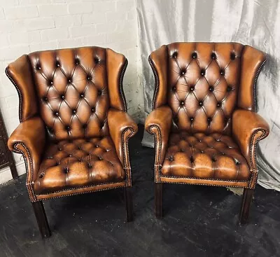 Chesterfield Queen Ann Chairs A Beautiful Fully Buttoned Matching Pair In Tan • £1095