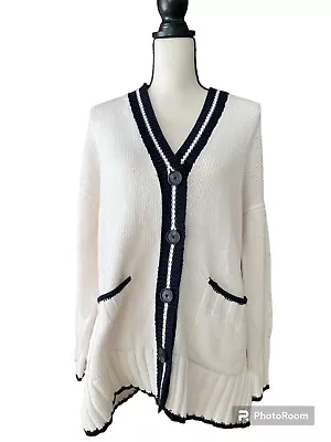 Loft Varsity Cardigan Oversized Navy Cream Size M • $18