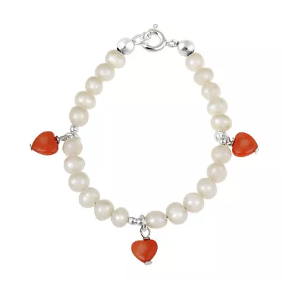 925 Silver White Freshwater Pearls & Coral Dangling Hearts Baby Bracelet 5  • $9.99