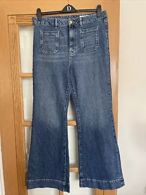 M&S COLLECTION Blue Flare Patch Pocket High Rise 70's Style Jeans 16 Tall Long • £16.99