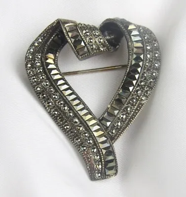 Vintage Signed MC Sterling Layered Fancy Cut Marcasite Twisted Heart Brooch Pin • $18.99
