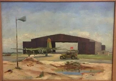 Vintage Military Painting Signed Lt H F Noss Hanger Airplane Jeep Framed • $1010