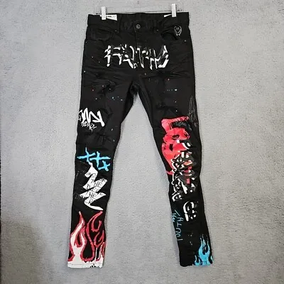 Smoke Rise All Over Graphic Paint Print Black Jeans Distressed Mens Size 32x32 • $34.95